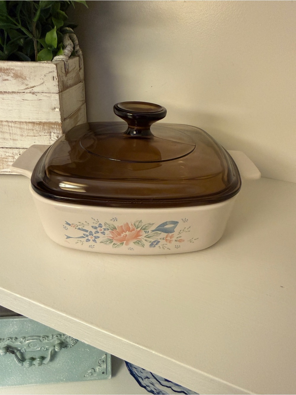 Vintage CorningWare Peach Floral A-1-B 1 Liter Casserole Brown Pyrex Lid